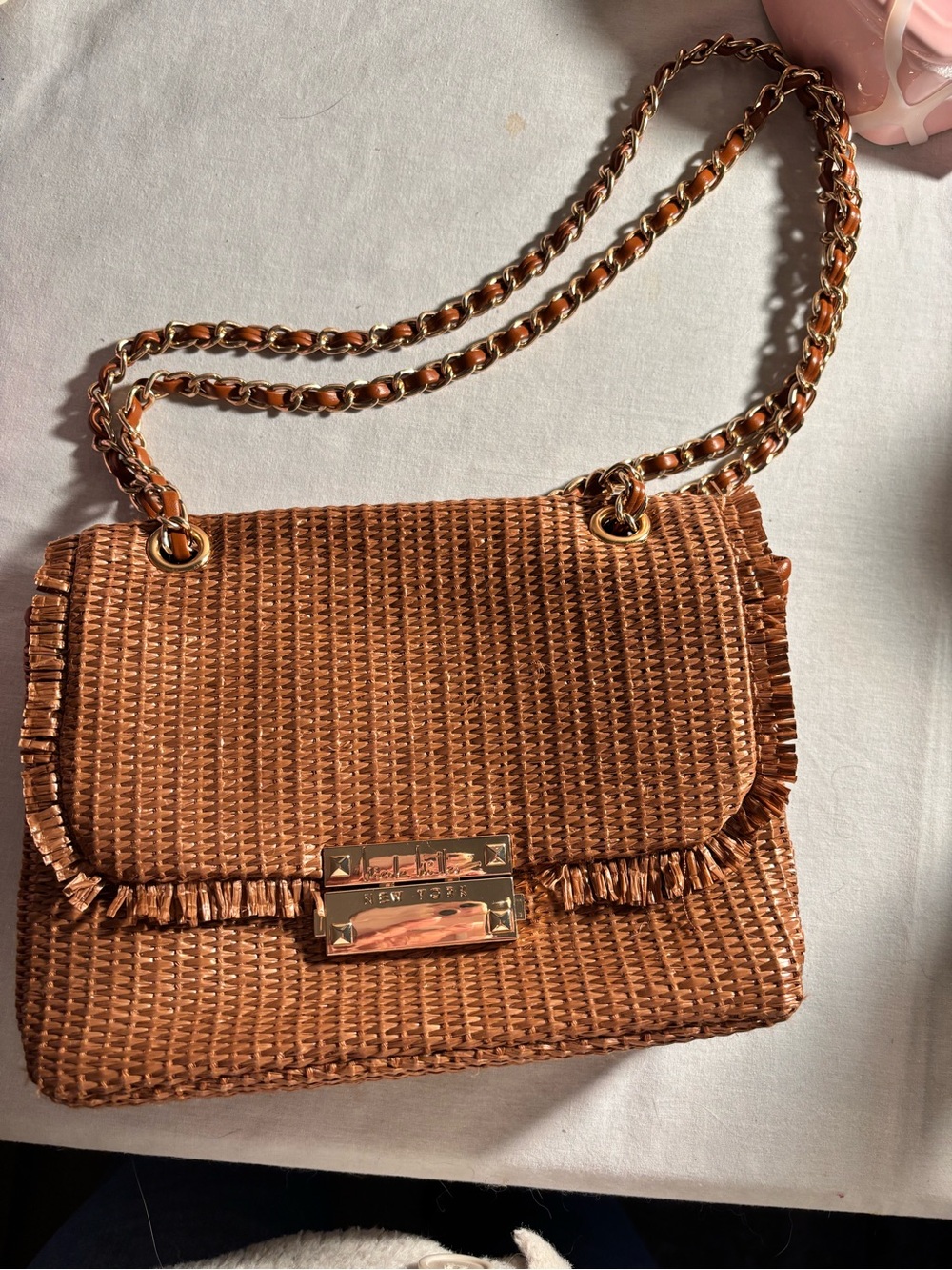 Woven Tan Crossbody Bag with Gold Chain Strap